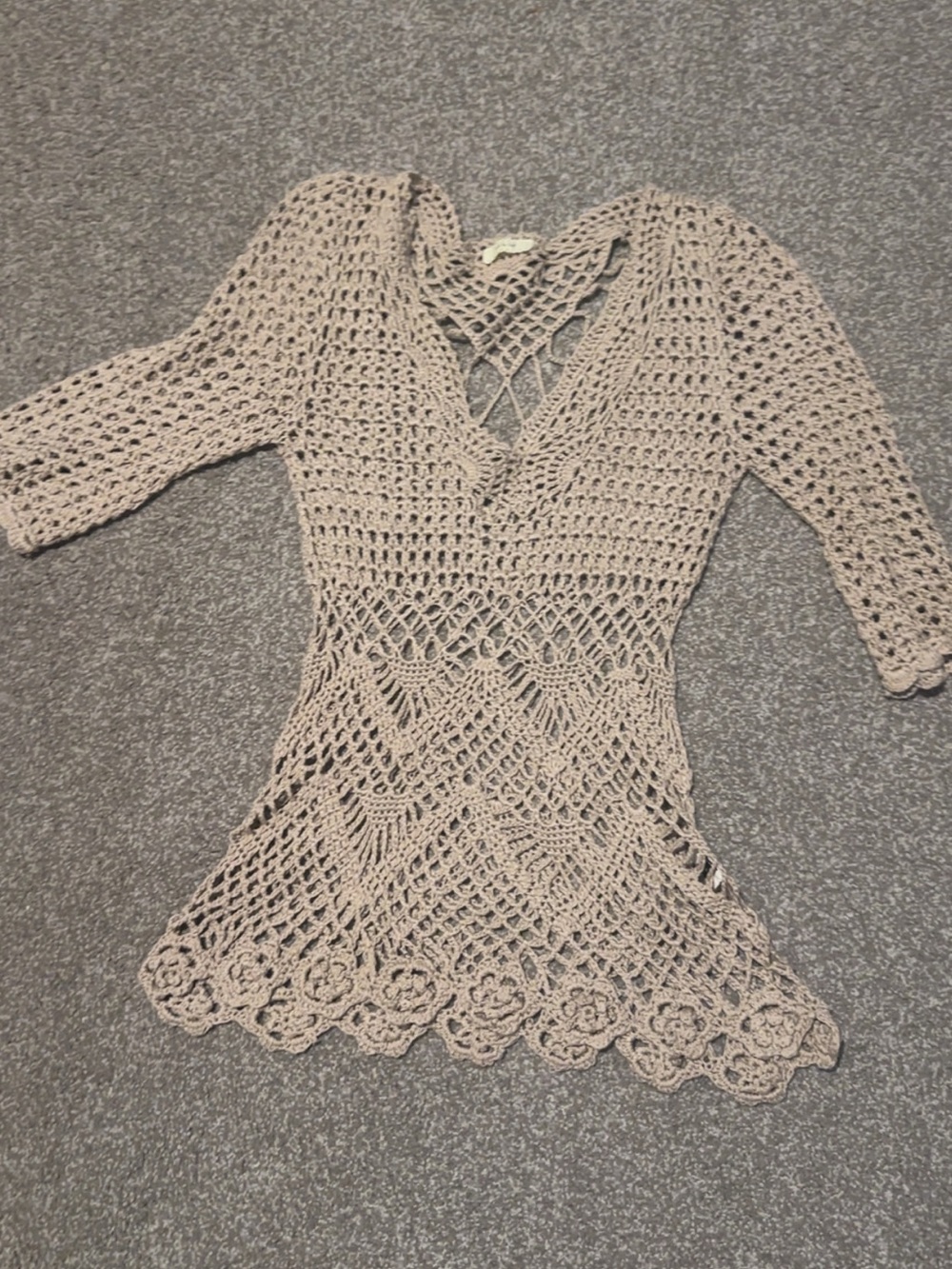 Crochet V-Neck Tunic Top in Dusty Beige